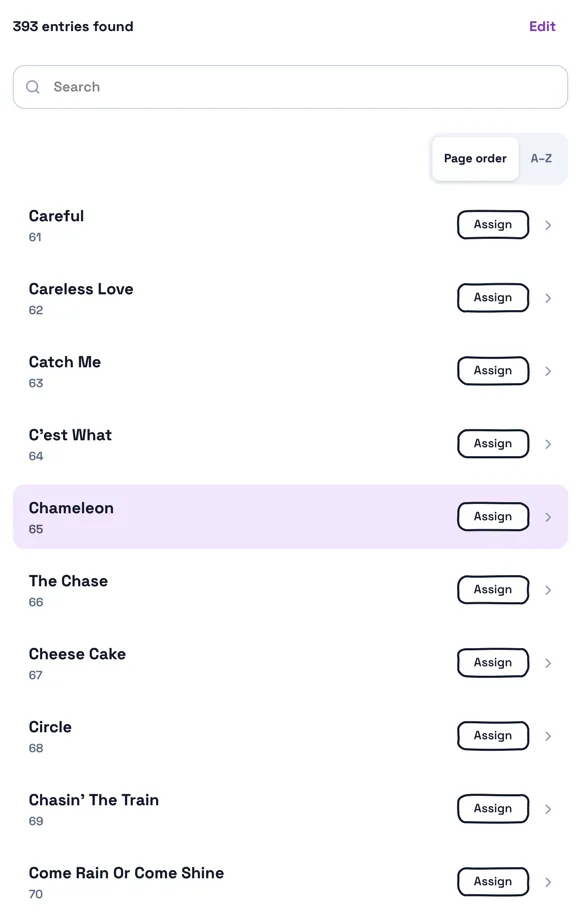A Melopal Index with 393 searchable entries, sorting controls and an Assign button beside every song
